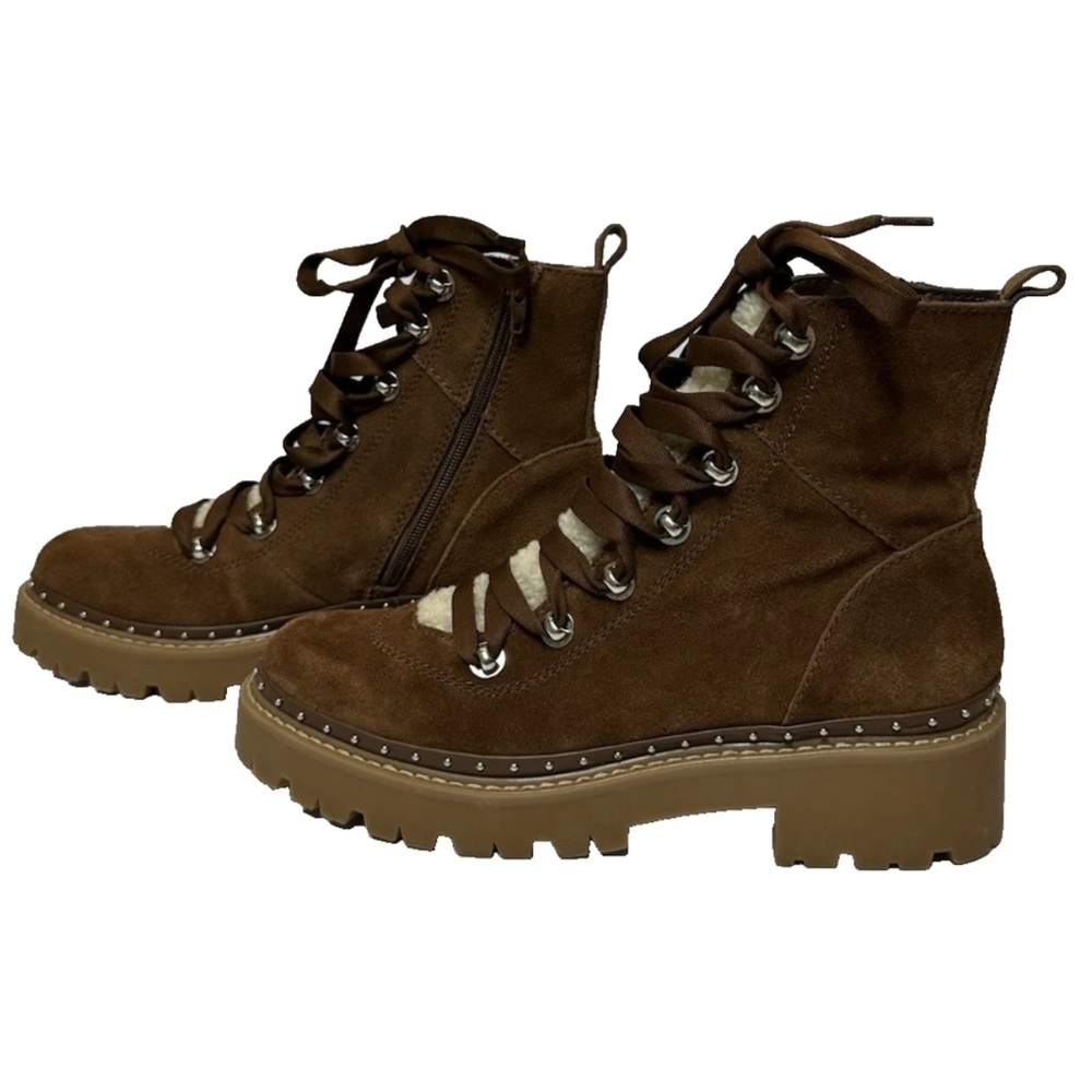 Steve Madden Rainier Cognac Suede Leather Lace Up Platform Ankle Boots - Picture 3 of 8